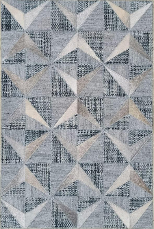 Geometric Pattern Area Rug, Leather and Wool Blend Carpet, Beige and White (Natural Multi Grey/Greeneesh - 122, 3x14)