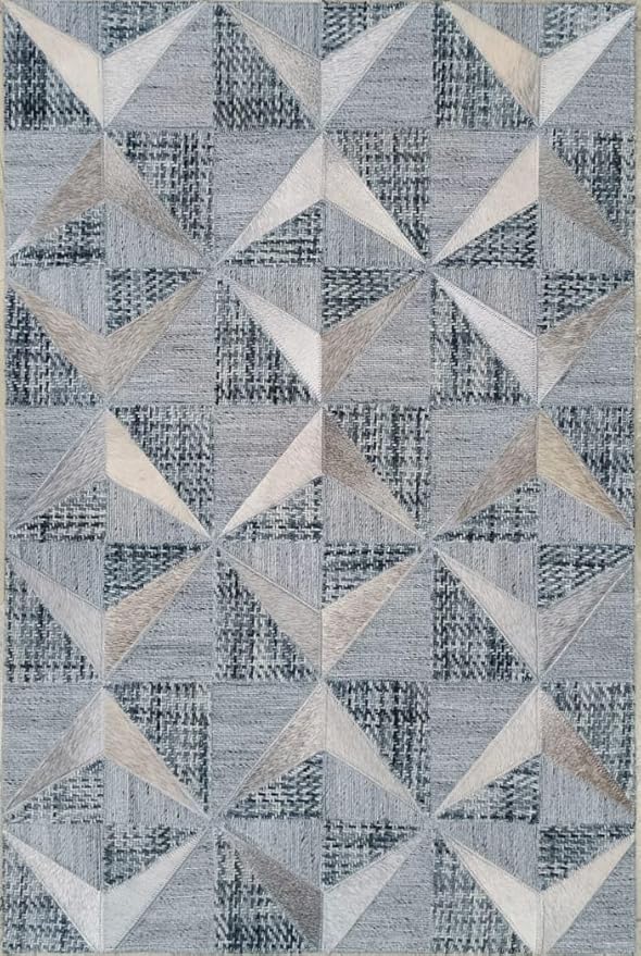 Geometric Pattern Area Rug, Leather and Wool Blend Carpet, Beige and White (Natural Multi Grey/Greeneesh - 122, 3x10)