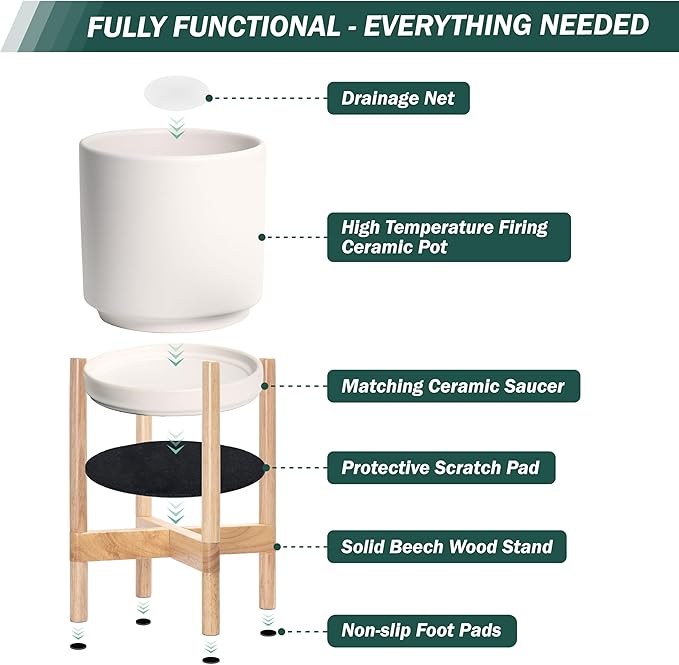 D'vine Dev Ceramic Planter with Natural Stand - 8 Inch Modern Round Flower Pot with Wood Planter Holder, Oatmeal, 55-B-N-8
