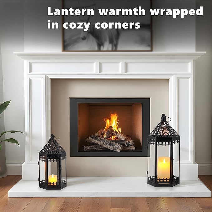 TRIROCKS Set of 2 Deacorative Candle Lantern 16'' & 12'' High Metal Candle Holder Hanging Lanterns with Tempered Glass Perfect for Indoor Outdoor Home Decor Parties Garden Events Wedding (Black)