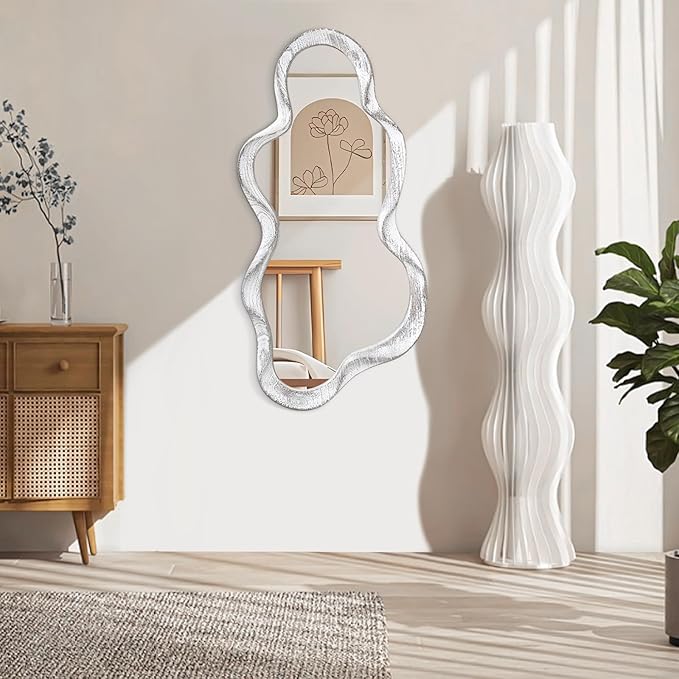 Irregular Wood Frame Mirror Asymmetrical Mirrors for Wall Unique Cloud Modern Living Room Bedroom Vanity Entryway Hallway Decorative Artistic Cute and Stylish Wall Mirror Large