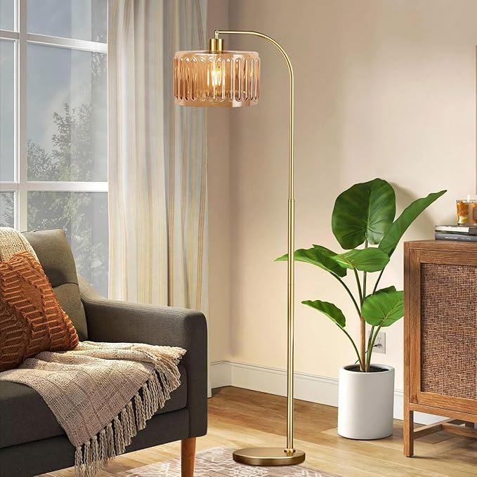 Gold Floor Lamp for Living Room,Bedroom,Mid Century Modern Standing Lamp with Remote,Dimmable Brass Tall Lamp Glass Lamp Vintage Retro Arc Floor Lamps Flower Floor Light Boho Bohemian