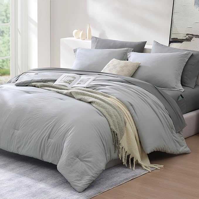 WRENSONGE Full Size Comforter Sets- 7 Pieces Soft Light Grey Bed in a Bag with Fitted Sheet, Flat Sheet, 2 Pillow Shams, 2 Pillowcases, Warm Bedding Sets for All Season