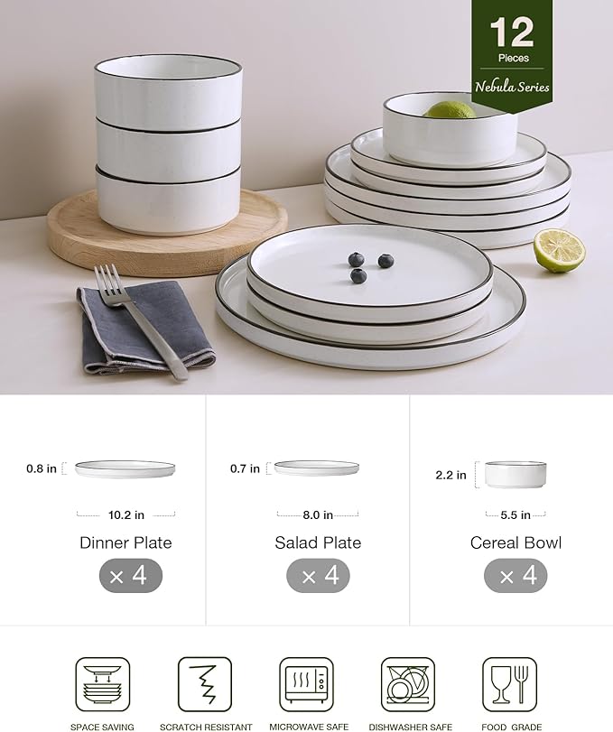Famiware Nebula Plates and Bowls Sets for 4, 12 Pieces Stoneware Dinnerware Set, Microwave and Dishwasher Safe Dishes Set, White with Black Rim