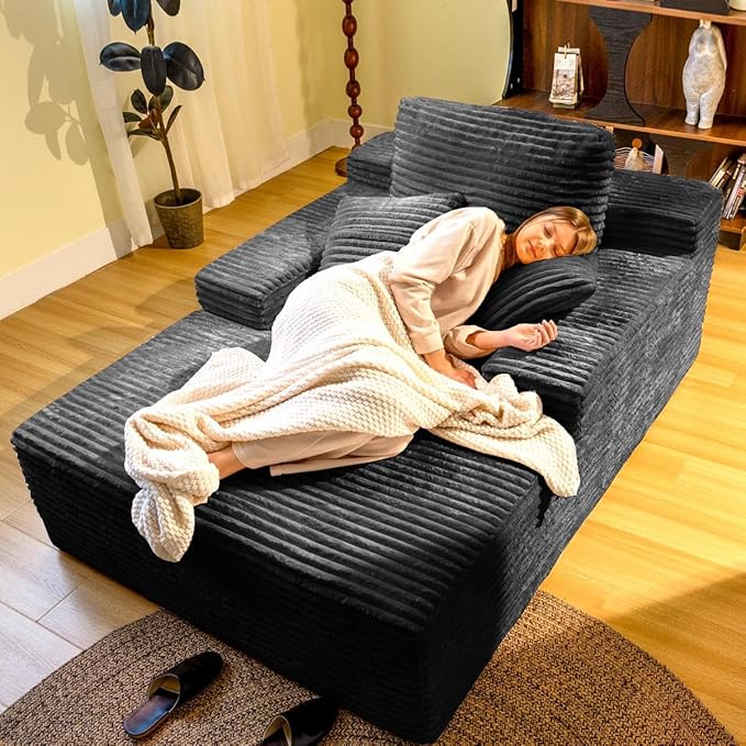67" Oversized Chaise Lounge Chair Indoor, Cloud Couches for Living Room, Corduroy Sleeper Sofa Bed, No Assembly Required, Deep Seat Lounge Chair with Pillows Gray
