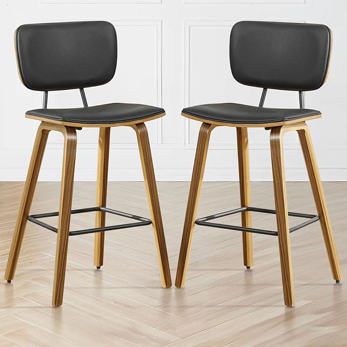 Counter Height Bar Stools Set of 2, PU Leather Upholstered Barstools with Backs, Bent Wood Legs, 26 Inch Seat Height, Mid Century Modern Counter Stools for Kitchen Island, Black