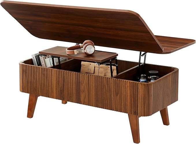 3 in 1 Lift Top Coffee Table, Fluted Convertible Coffee Tables Converts to Dining Tables, Modern Oval Wooden Center Table with Storage for Living Room Office Small Space, Partial Assembly (Walnut)