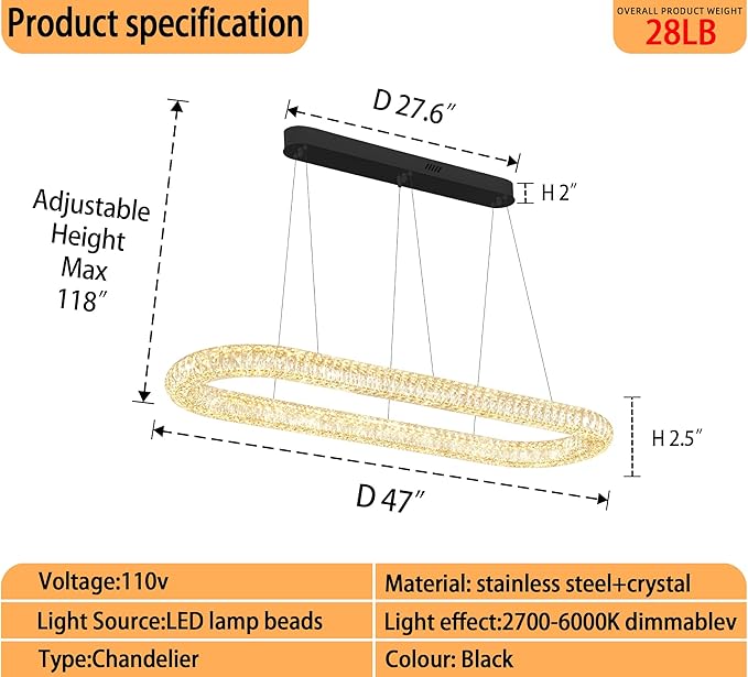 Oval Crystal Chandelier, 47.2'' Black Crystal Ring Pendant Light for Kitchen Island Modern Linear Oval Chandeliers for Dining Room Dimmable 3000K-6000K