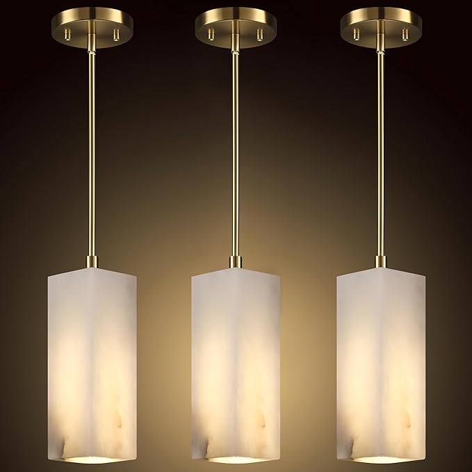 1 Light Modern Industrial Farmhouse Hanging Kitchen Island Pendant Ceiling Light Fixture,Square Cylinder Natural Alabaster Marble Brushed Bronze Finish Over Sink Restaurant bar Corridor