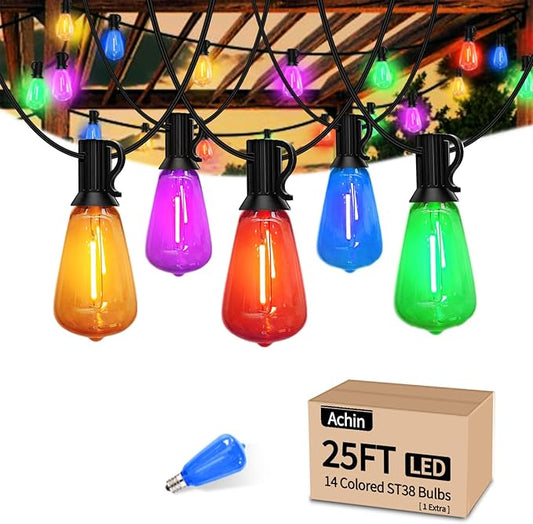 Achin Outdoor String Lights Multicolor - 25FT Colored Patio Lights Waterproof with 13+1 ST38 LED Colorful Bulbs Shatterproof Rainbow Hanging Lights for Outside Party, Christmas, Holiday