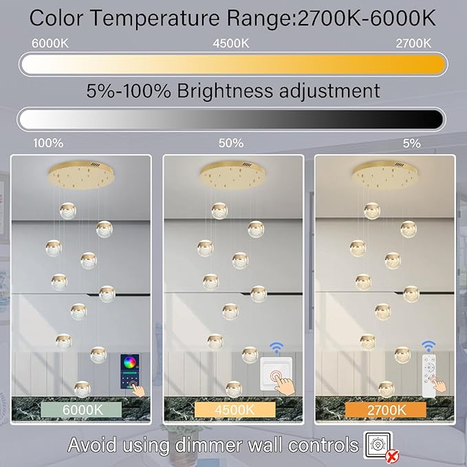 LED Staircase Chandelier Crystal Globe Pendant Light Gold Large Chandeliers for High Ceiling,10-Lights Hanging Flush Mount Lighting Fixtures for Foyer,Entryway,Living Room