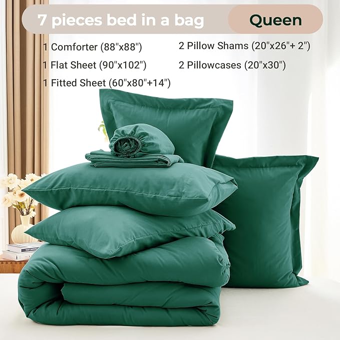 MUXHOMO 7 Pieces Queen Comforter Set, Soft Bed in a Bag Queen Size, All Season Bedding Set with Comforter, Flat Sheet, Fitted Sheet, Pillowcases & Shams, Emerald Green