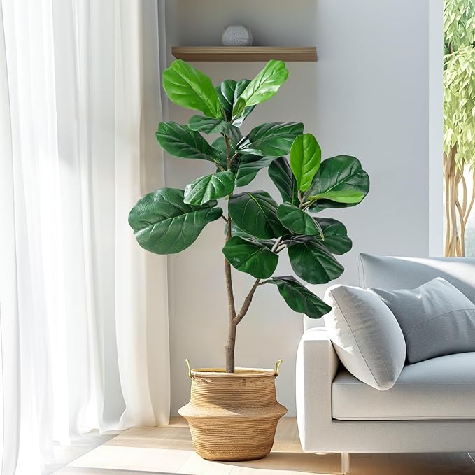 Artificial Fiddle Leaf Tree-4ft Faux Plant Fake Ficus Lyrata Tree Artificial Fig Silk Trees with Pot Floor Plants for Home Living Room Decor Indoor