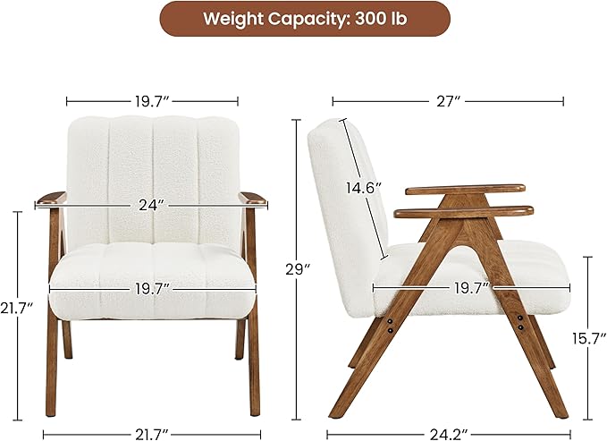 Yaheetech Boucle Fabric Mid Century Accent Chair, Modern Upholstered Living Room Chairs with Solid Wood Legs, Reading Armchair for Small Spaces Bedroom, White