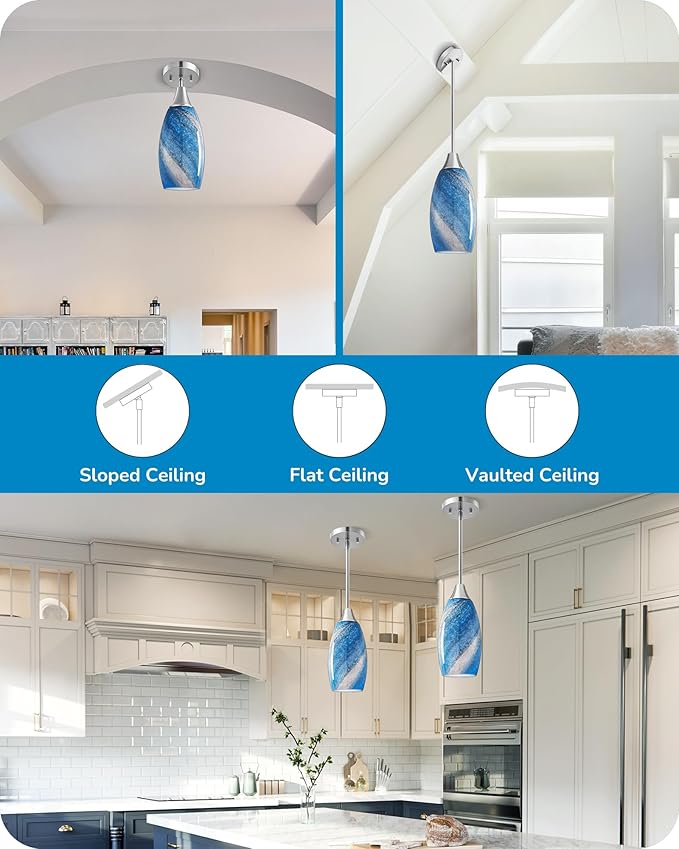 EDISHINE Pendant Light Fixtures, Handcrafted Art Glass Hanging Light with Brushed Nickel Finished, E26 Socket, Adjustable Cord Glass Pendant Light for Kitchen, Bathroom, Hallway, Bar