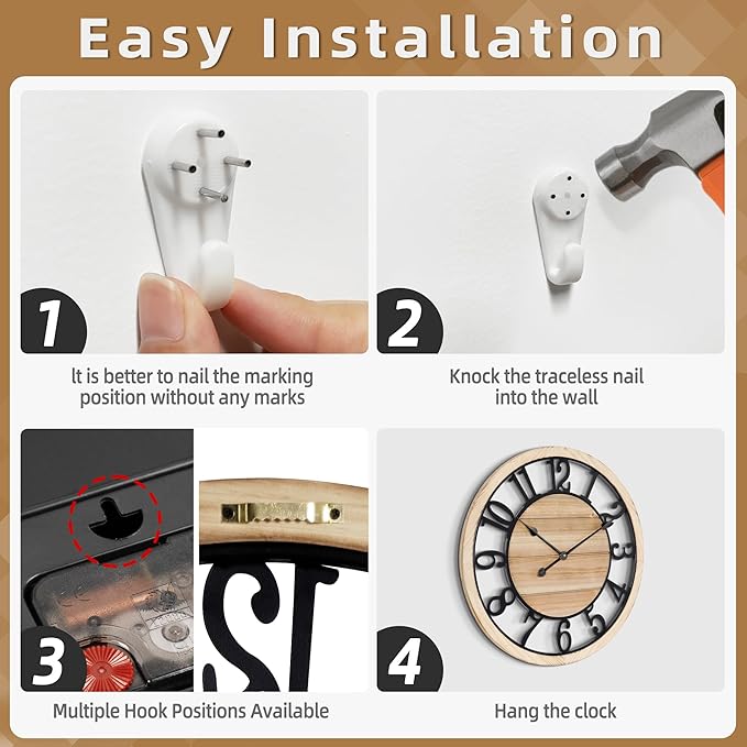 LEIKE 24 Inch Large Wall Clock - Rustic Wooden Silent Non-Ticking Wall Clock with Black Metal Frame, Vintage Farmhouse Decorative for Living Room, Bedroom, Kitchen - Arabic Numerals, Modern Design