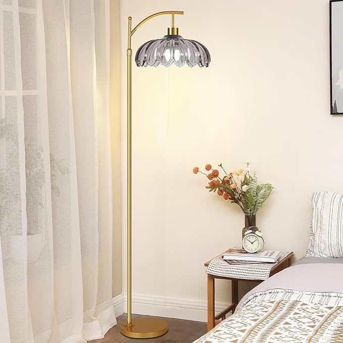 Floor Lamp for Living Room,Bedroom,Gold Dimmable Standing Lamp with Remote,Mid Century Modern Brass Tall Lamp Retro Vintage Grey Glass Lamp Floor Light Boho Bohemian