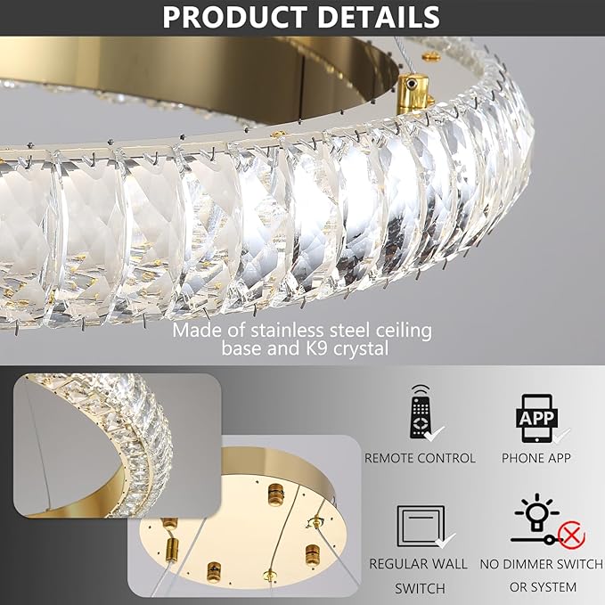 23.6" 3 Ring Crystal Chandelier Modern LED Dimmable Ring Pendant Light Round Chandelier for Dining Room Living Room Gold