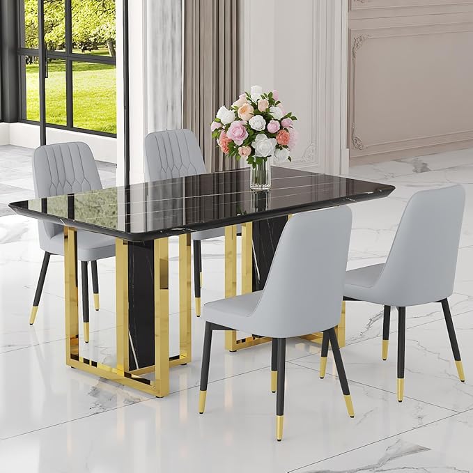 TesNus 63" Black Dining Table Set for 4 with Chairs,Modern Faux Marble Rectangular Kitchen Table and Chairs Set Luxury 5 Piece Dining Room Set with Gold Metal Legs,Easy Assemble,Stable Base