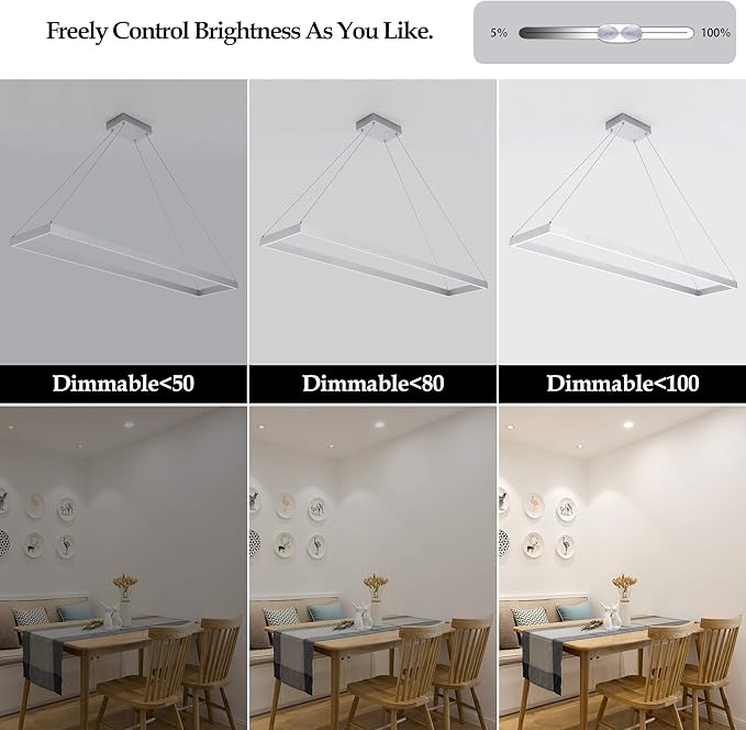 Modern Led Chandelier Linear Rectangle Chandelier Modern Led Pendant Light Kitchen Island Lighting Fixture 6000K Dimmable 39.4” Contemporary Hanging Light for Dining Room Living Room Silver