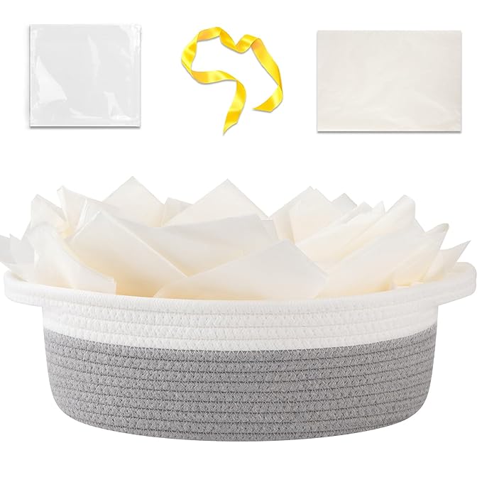 OIAHOMY Gift Basket Empty with Handle, 12"x 8"x 5" Small Woven Basket with Gift Bag, Ribbon and Wrap Tissue Paper, Dog Toy Storage for Organizing - Grey & White