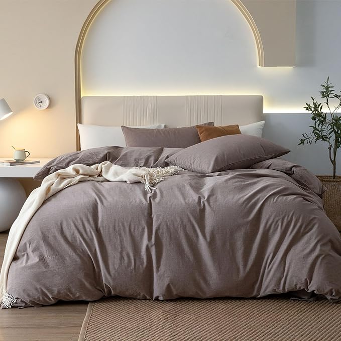 JIYUAN 100% Washed Cotton Duvet Cover Set 3 Pieces Oversized King, 1 Duvet Cover 120x98 Inches(Comforter Not Included) and 2 Pillowcases,Linen Like Comfy and Breathable, Heathered Mauve Brown