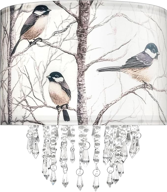 Star Vision Bird & Tree Drum Fabric Lampshade with Acrylic Beaded Droplets, Natural Botanical Light Shade for Pendant Table Wall & Floor Lamps, Garden-Themed Bedroom Living Room Entryway Décor