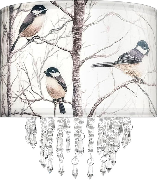 Star Vision Bird & Tree Drum Fabric Lampshade with Acrylic Beaded Droplets, Natural Botanical Light Shade for Pendant Table Wall & Floor Lamps, Garden-Themed Bedroom Living Room Entryway Décor
