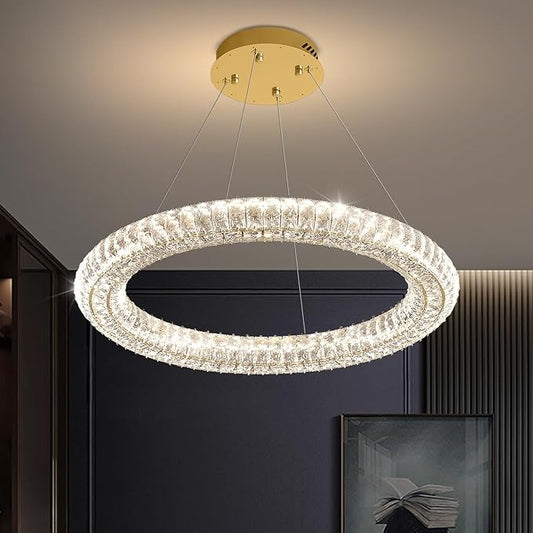 Modern Gold Round Crystal Chandelier Dimmable LED 31.5" Ring Pendant Light Ceiling Fixtures for Dining Room Living Room