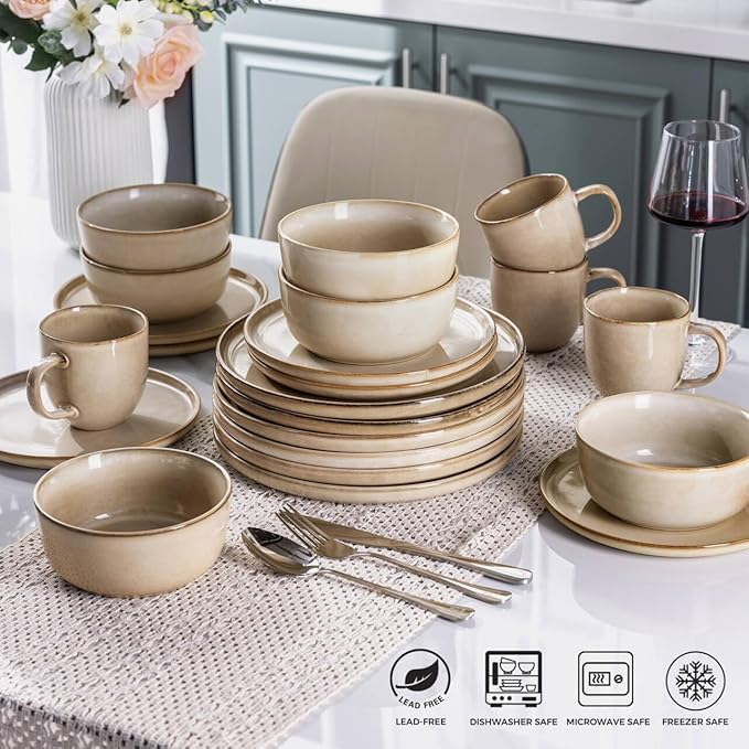 AmorArc Stoneware Dinnerware Sets,Round Reactive Glaze Plates and Bowls Set,Highly Scratch Resistant | Dishwasher & Microwave Safe Dishes Set,Service for 4 (12pc)