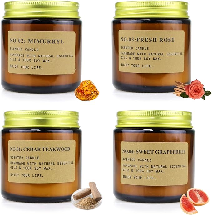 4 Pack Candles for Home Scented Candles Clearance, Aromatherapy Candle Gifts for Women, Natural Soy Wax Long Lasting Amber Jar Candles Set, Gifts for Birthday, Valentine's, Mother's, Anniversary