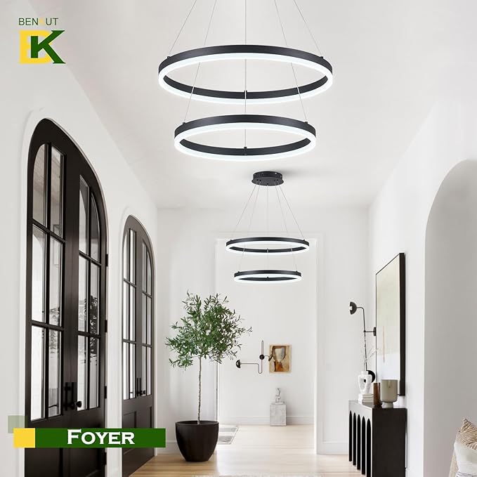 2-Rings Modern LED Chandelier Black for Dining Room, Circular Flush Mount Ceiling Chandelier Light Dimmable Pendant Light with Remote Control for Living Room Entrance Foyer, 3000K-6500K