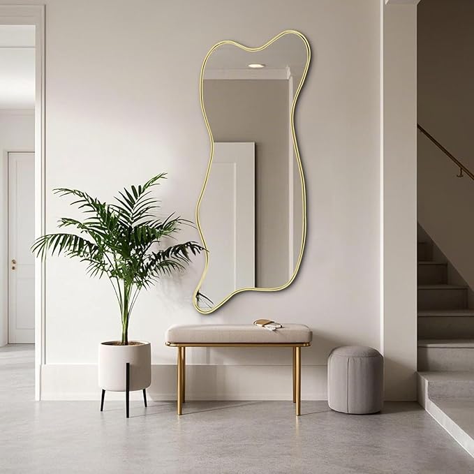 Large Gold Irregular Mirror, Asymmetrical Mirrors Full Length, 59.8"x23.6" Standing Floor for Dressing, Metal Frame Waved Shaped Mirror for Living Room Bathroom Bedroom Hallway Entryway