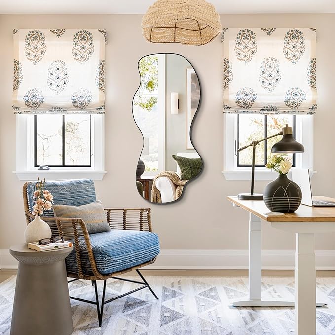 POZINO Irregular Mirror, Asymmetrical Wall Mirrors, 40"x18" Frameless Wall Mirrors Decorative, Modern Waved Shaped Mirror for Living Room Bathroom Bedroom Hallway Entryway Fireplace
