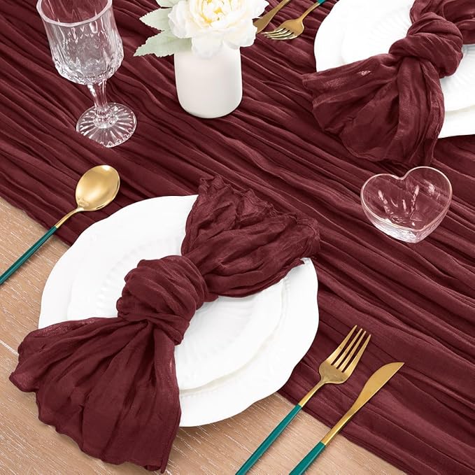 MLMC Burgundy Red Table Runner 10ft Rustic Gauze Wine Red Cheesecloth Table Runner Fall Cheese Cloth Centerpiece 35x120 Inches for Halloween Wedding Party Bridal Shower Anniversary Events Decor