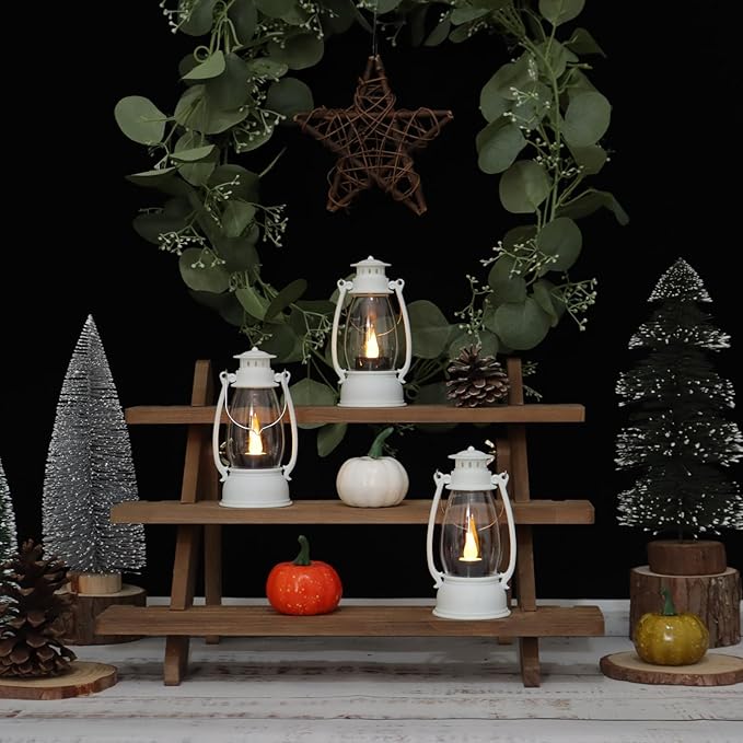 White Mini Lanterns Decorative 6-Pcs for Winter Christmas Wedding & Halloween, Small Elegant Lantern with LED Light for Western Cowboy, Camping Baby Shower Birthday Party, Centerpiece Table
