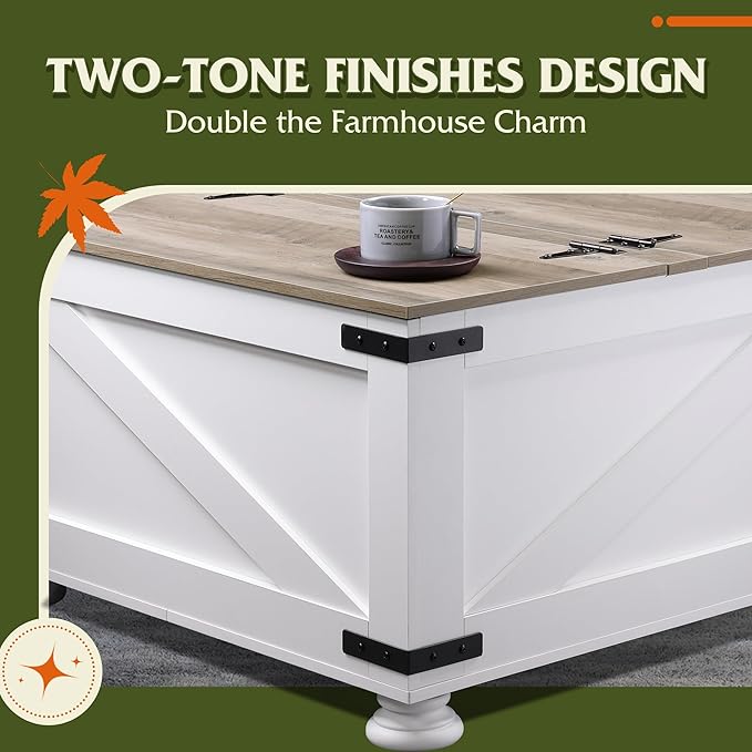 WLIVE Farmhouse Coffee Table, 31.5" Square Wood Center Table with Flip-Top Lids and Large Hidden Storage Compartment for Living Room, Bedroom, White