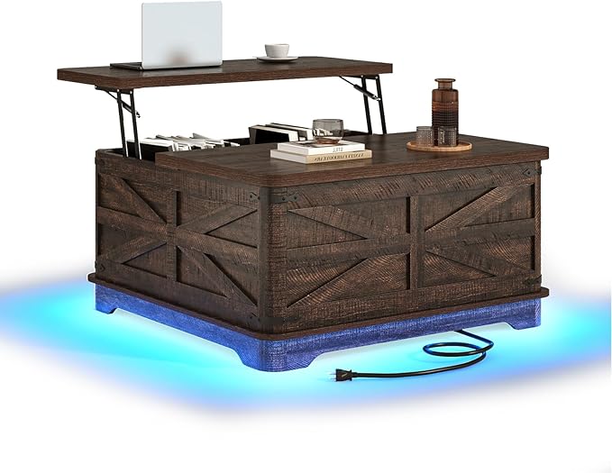 36" Farmhouse LED Lift Top Coffee Table with Storage and Power Outlets, Square Wood Living Room Tables with LED Lights & Large Hidden Space, Lift Wooden Barn Door Center Table, Brown