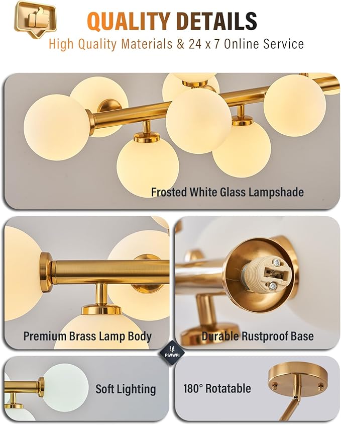 Glass Globe Sputnik Chandelier, 16-Light Mid Century Modern Light Fixture Over Table, Linear Chandeliers for Dining Room, Kitchen Island, Brass Gold and Milk White Bubble, 40 Inch, GC-02