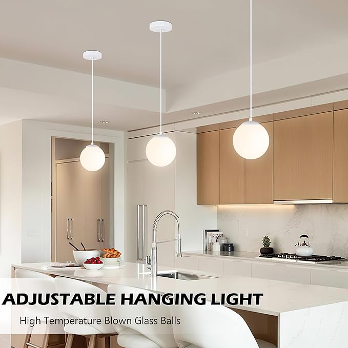 KoKo&Yukina 6 Inch Globe Pendant Light White Globe Pendant Lights Kitchen Island Mid Century Light Fixture with Milky White Glass Shade for Dining Room (2 Pack)