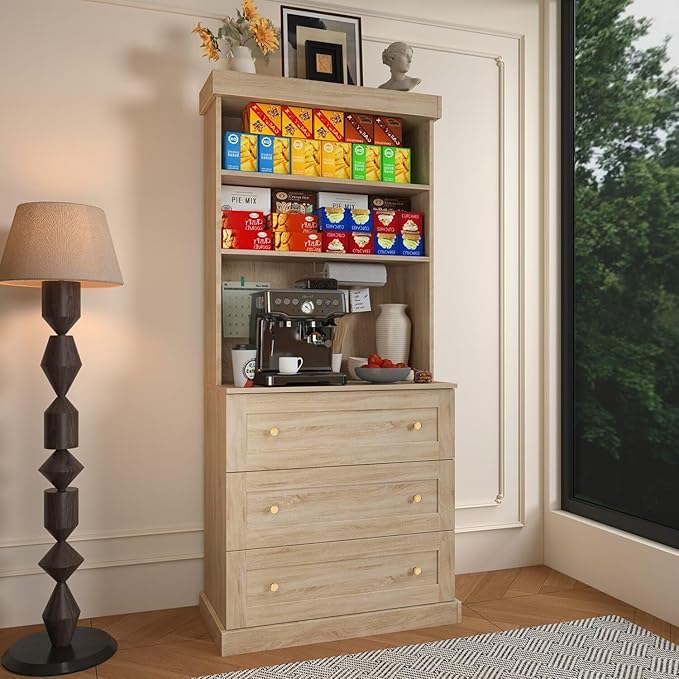 71" Farmhouse Kitchen Pantry Cabinet Set of 3 with Drawers, Brown Freestanding Coffee Bar Hutch with Microwave Stand, Large Storage Cabinet with Adjustable Shelves for Kitchen, Living Room