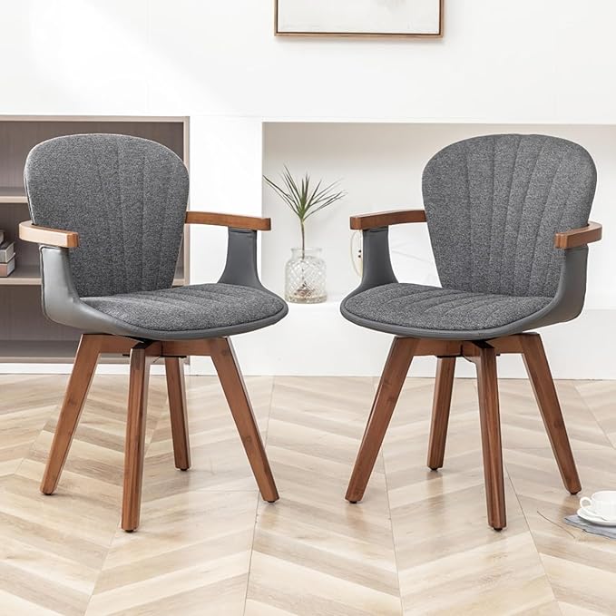 LUNLING Swivel Dining Chairs Set of 2, Mid Century Modern Gray Fabric+Faux Leather Kitchen Chairs with Arms,Bamboo Legs Side Chairs No Wheels,Accent Chair for Dining Rooms and Offices(Gray Fabric)