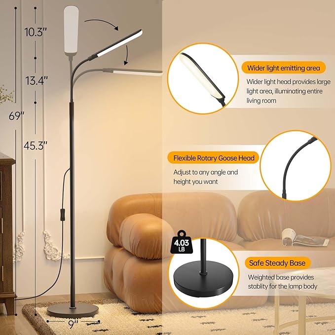 LED Floor Lamp, 18W Super Bright Floor Lamp for Living Room, Adjustable Stepless Colors & Brightness Gooseneck Standing Lamp, Eye Caring Reading Light with Remote