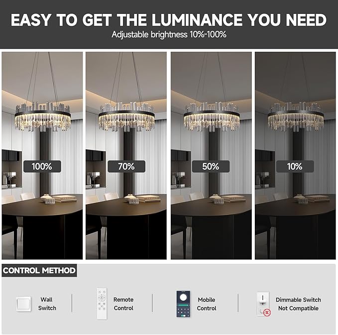 Black Led Modern Crystal Chandelier: 23.6" Round K9 Luxury Clear Crystals 3 Color Dimmable Contemporary Chandeliers for Dining Room Lights over Table - Adjustable Height Living Room Light with Remote