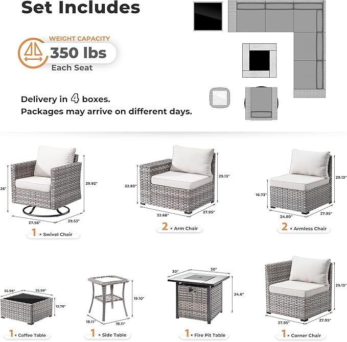 ovios 9 Pieces Patio Furniture Set, Outdoor Wicker Sectional Sofa with 30" Fire Pit Table Swivel Chair, Modern Modular Deep Seat Rattan Couch Conversation Sets, Beige