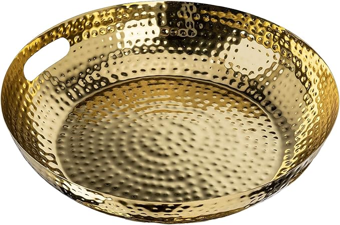 MyGift 14 Inch Deluxe Decorative Dish Tray Centerpiece Base, Brass Tone Plated Hammered Aluminum Fruit Bowl Serving Platter with Cutout Handles - Handcrafted in India