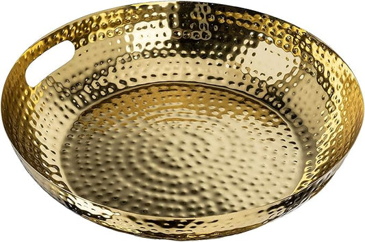MyGift 14 Inch Deluxe Decorative Dish Tray Centerpiece Base, Brass Tone Plated Hammered Aluminum Fruit Bowl Serving Platter with Cutout Handles - Handcrafted in India