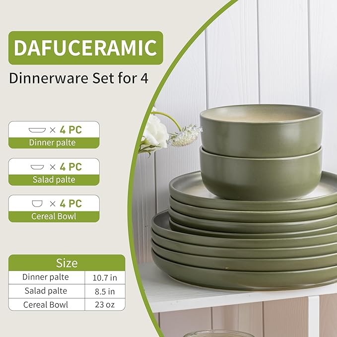 12 PCS Stoneware Dinnerware Sets, Plates and Bowls Set for 4, Reactive Glaze Dishes Set for Kitchen Dinning, Microwave & Dishwasher Safe, Lichen Green