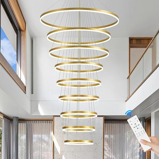 9 Rings Modern LED Chandelier Gold Dimmable Large Foyer Chandeliers Entryway High Ceiling for Staircase, High Ceiling Pendant Lights for Entryway Living Room, 3000K-6500K CCT