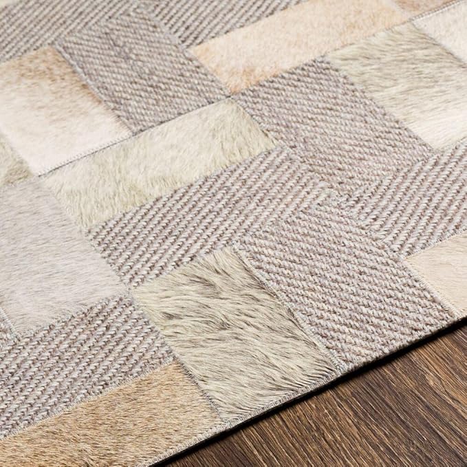 Geometric Pattern Area Rug, Leather and Wool Blend Carpet, Beige and White (Natural Multi Grey/Beige-118, 3x14)